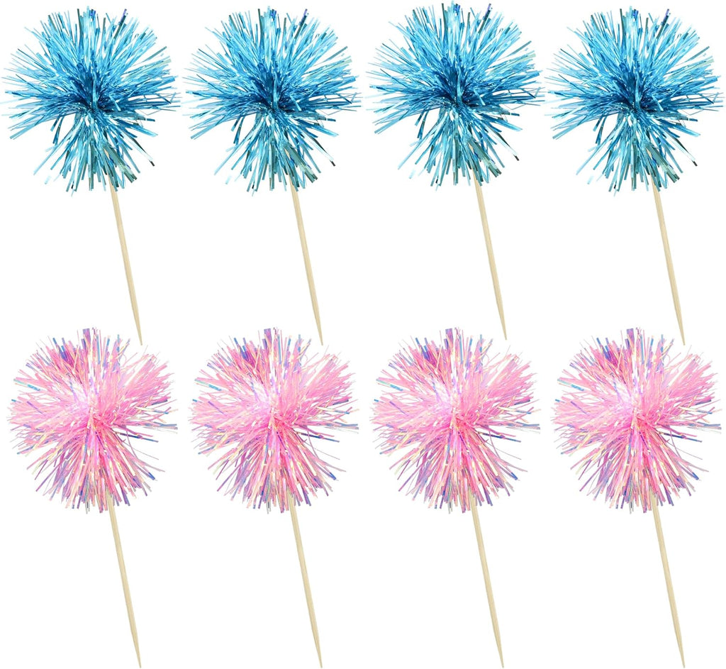 Ephlyn 30Pcs Foil Firework Cupcake Toppers Sparkle Tinsel Cupcake Picks Happy Birthday Cake Decorations Drink Stirrers Cocktail Food Toothpicks for Baby Shower Graduation Party Supplies Blue Pink