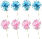 Ephlyn 30Pcs Foil Firework Cupcake Toppers Sparkle Tinsel Cupcake Picks Happy Birthday Cake Decorations Drink Stirrers Cocktail Food Toothpicks for Baby Shower Graduation Party Supplies Blue Pink