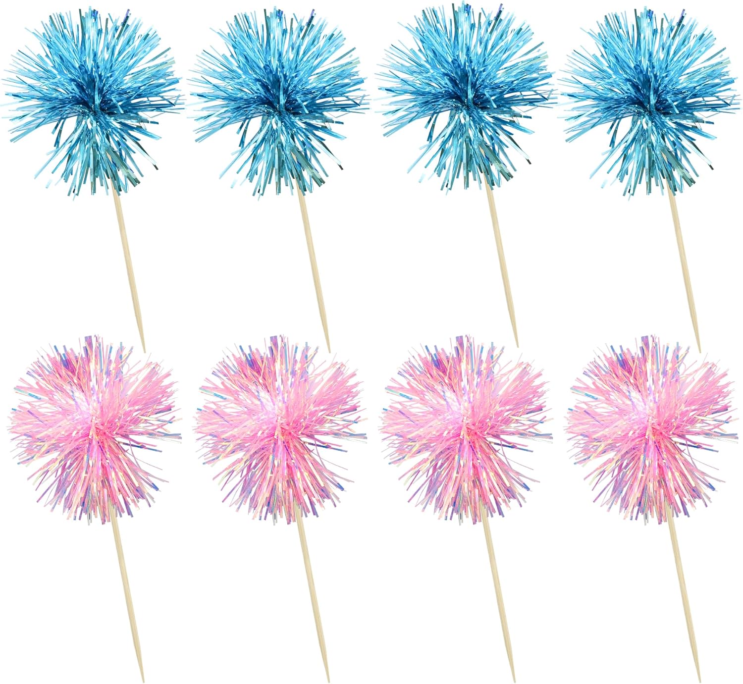 Ephlyn 30Pcs Foil Firework Cupcake Toppers Sparkle Tinsel Cupcake Picks Happy Birthday Cake Decorations Drink Stirrers Cocktail Food Toothpicks for Baby Shower Graduation Party Supplies Blue Pink