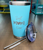 QualityVibe Best Mom Ever 20 Oz Insulated Stainless Steel Tumbler With Lid, Straw & Brush. Gift Idea For Mom Birthday, Mother's Day Or New Mom. Laser Engraved. Aqua