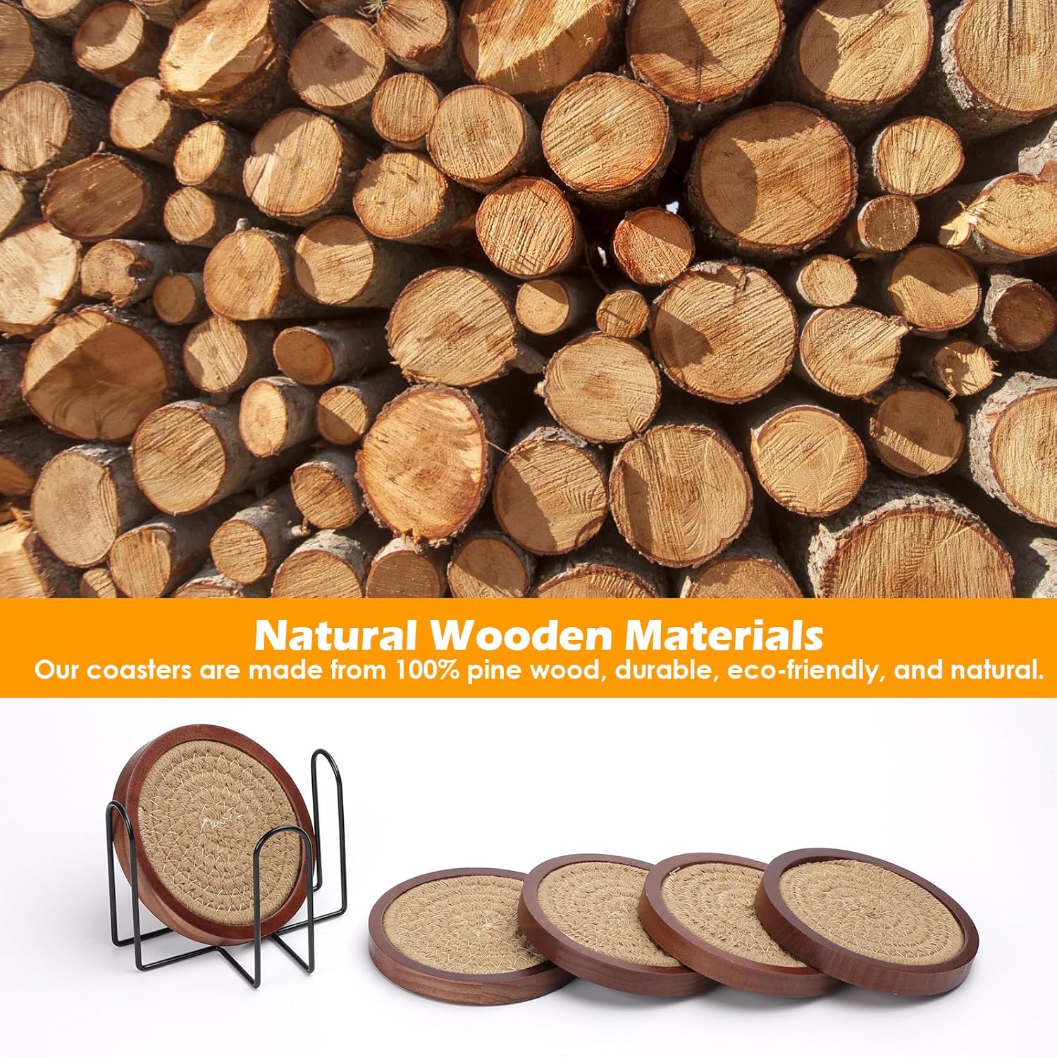 Mckanti 5 Pack Wooden Coasters with Holder for Coffee Table Decor, Absorbent for Kinds of Cups, 4.3 Inches