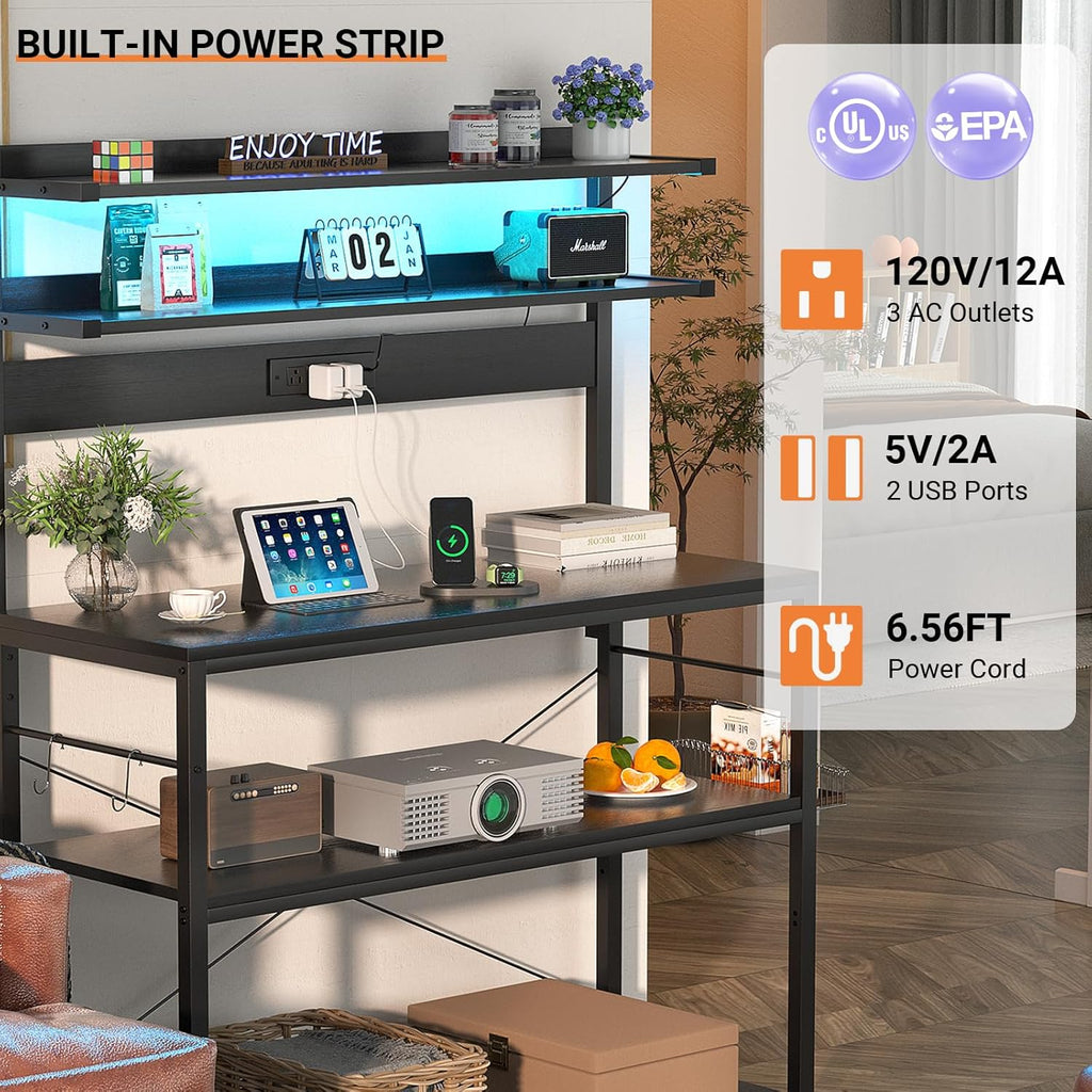 Aheaplus Bakers Rack with Power Outlet, Microwave Stand, 5 Tiers Coffee Bar Station with Led Lights, Kitchen Storage Shelf with 6 S-Shaped Hooks, Kitchen Rack Coffee Bar Stand, Black