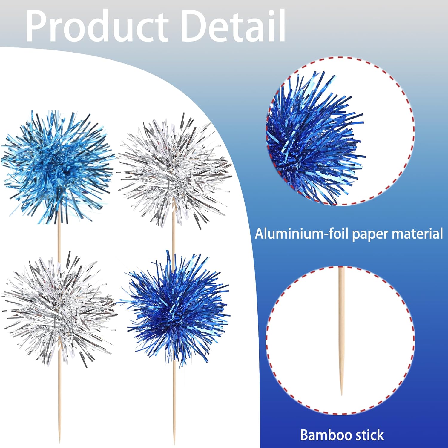 30 PCS Foil Firework Cupcake Toppers Sparkle Tinsel Cupcakae Picks Foil Firework Decorations Cocktail Fruit Toothpick for Fireworks Theme Birthday Wedding Graduation Party Decor Blue Silver Light Blue