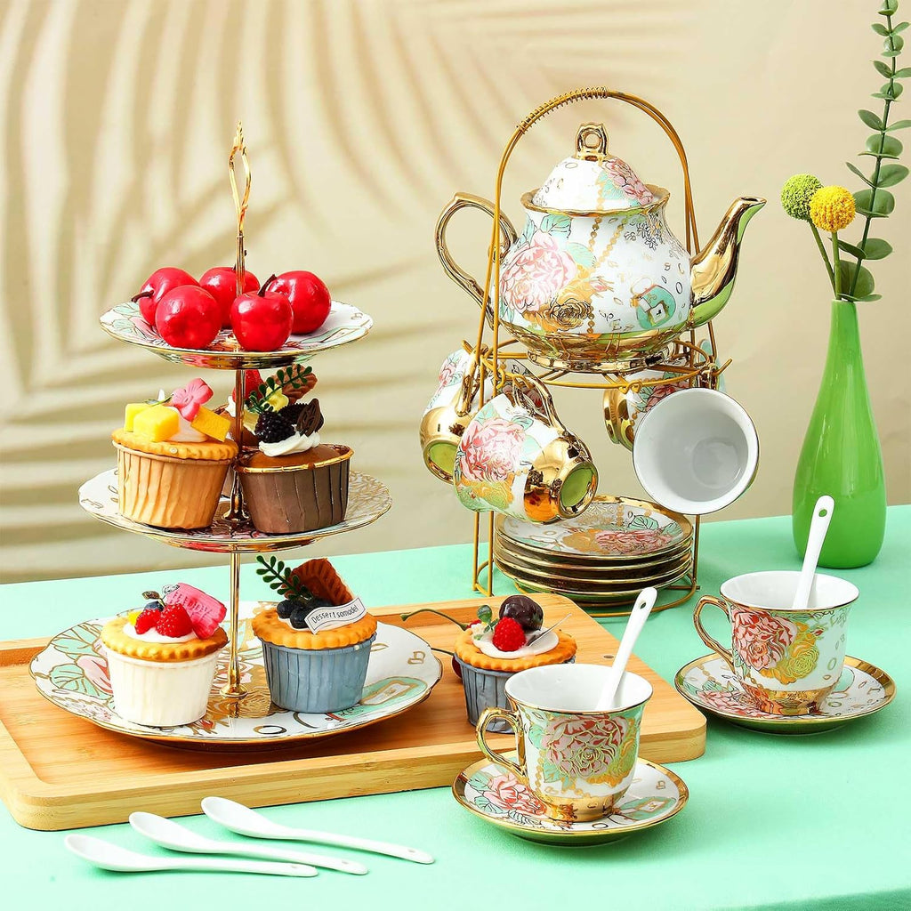 Maxcheck 21 Pcs Tea Party Set for Adults European Floral Tea Set with Metal Holder and 3 Tier Ceramic Cake Stand Porcelain Flower Cup Teapot for Dessert Cupcake(Elegant Style)