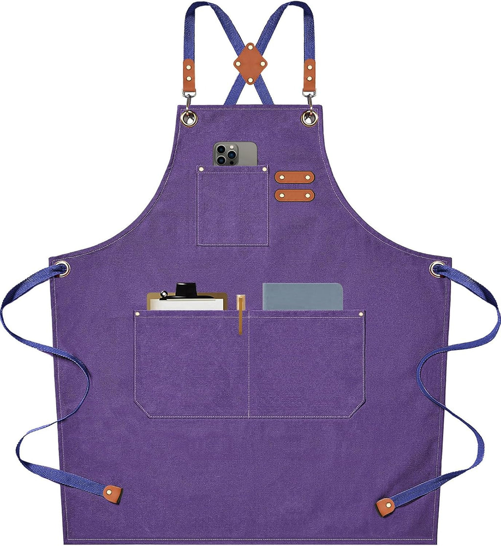 AFUN Chef Aprons for Men Women with Large Pockets, Cotton Canvas Cross Back Heavy Duty Adjustable Work Apron, Size M to XXL (Purple)