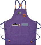 AFUN Chef Aprons for Men Women with Large Pockets, Cotton Canvas Cross Back Heavy Duty Adjustable Work Apron, Size M to XXL (Purple)