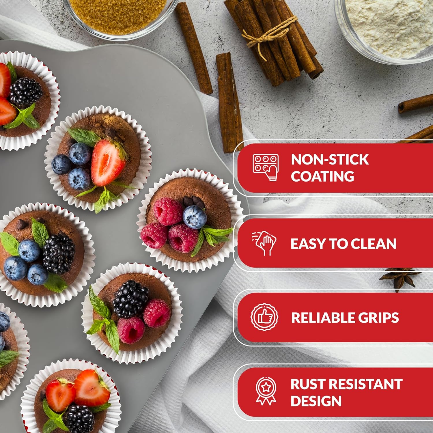 Boxiki Kitchen Non-Stick 12 Cup Silicone Muffin Pan With Steel Frame - BPA Free, Non-Toxic, Anti-Warp, Durable & Easy to Pop Silicone Muffin Tin - Perfect Cupcake Pan