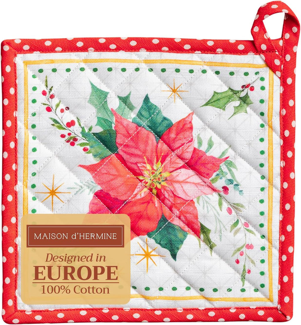 Maison d' Hermine Pot Holders 100% Cotton Heat Resistant Potholders 8" x 8" Hot Pads with Loop BBQ, Cooking, Baking, Grilling, Kitchen, Handling Hot Pans (Pack of 1, Poinsettia Christmas)