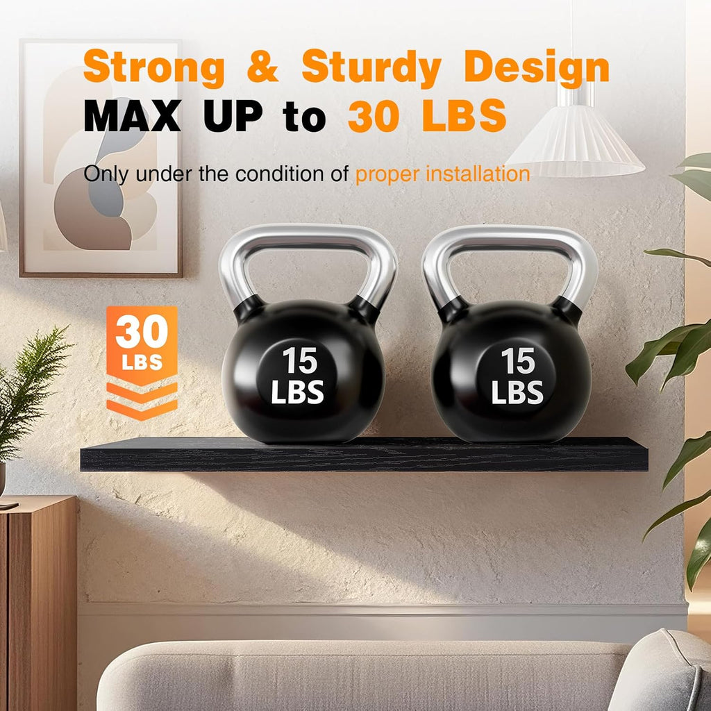 BAYKA Floating Shelves, 36" Wall Mounted Rustic Wood Shelves for Bathroom, Bedroom, Living Room, Kitchen, Office, Hanging Shelf for Books/Storage/Decor(Black,Set of 2)