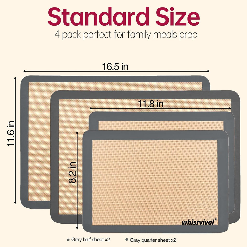4 Pack Silicone Baking Mat, Non-Stick Silicone Baking Sheet, Food Safe, 480℉ Heat Resistant, 2 Half & 2 Quarter (Grey)