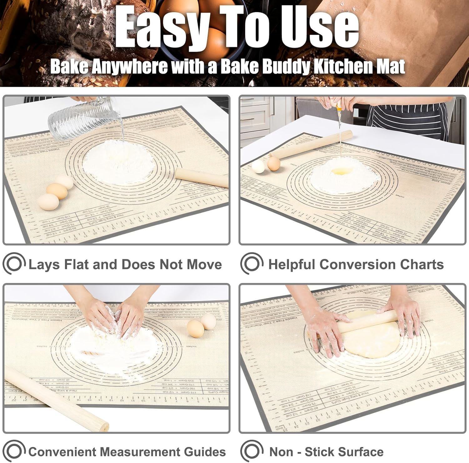 Silicone Pastry Mat 28X20 Inches Baking Mat with Measurement, Perfect for Dough, Pastry, Cookies, Pie Crust, Fondant, Bread, Sourdough, Pasta, Pizza, Kitchen Counter Mat