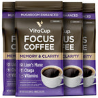 VitaCup Focus Mushroom Coffee Grounds, with Lions Mane, Chaga, B Vitamins, D3, Boost Focus, Immunity, Memory & Clarity, Medium Dark Roast, Bold & Smooth 100% Arabica Specialty, 4 bags, 10oz each