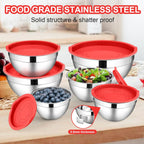 LIANYU 6 Pack Stainless Steel Mixing Bowls with Airtight Lids, Large Metal Nesting Salad Bowls, Ideal for Kitchen Prepping, Baking, Freezer Storage, Size 7, 3.5, 2.5, 2, 1.5, 1QT, Dishwasher Safe, Red