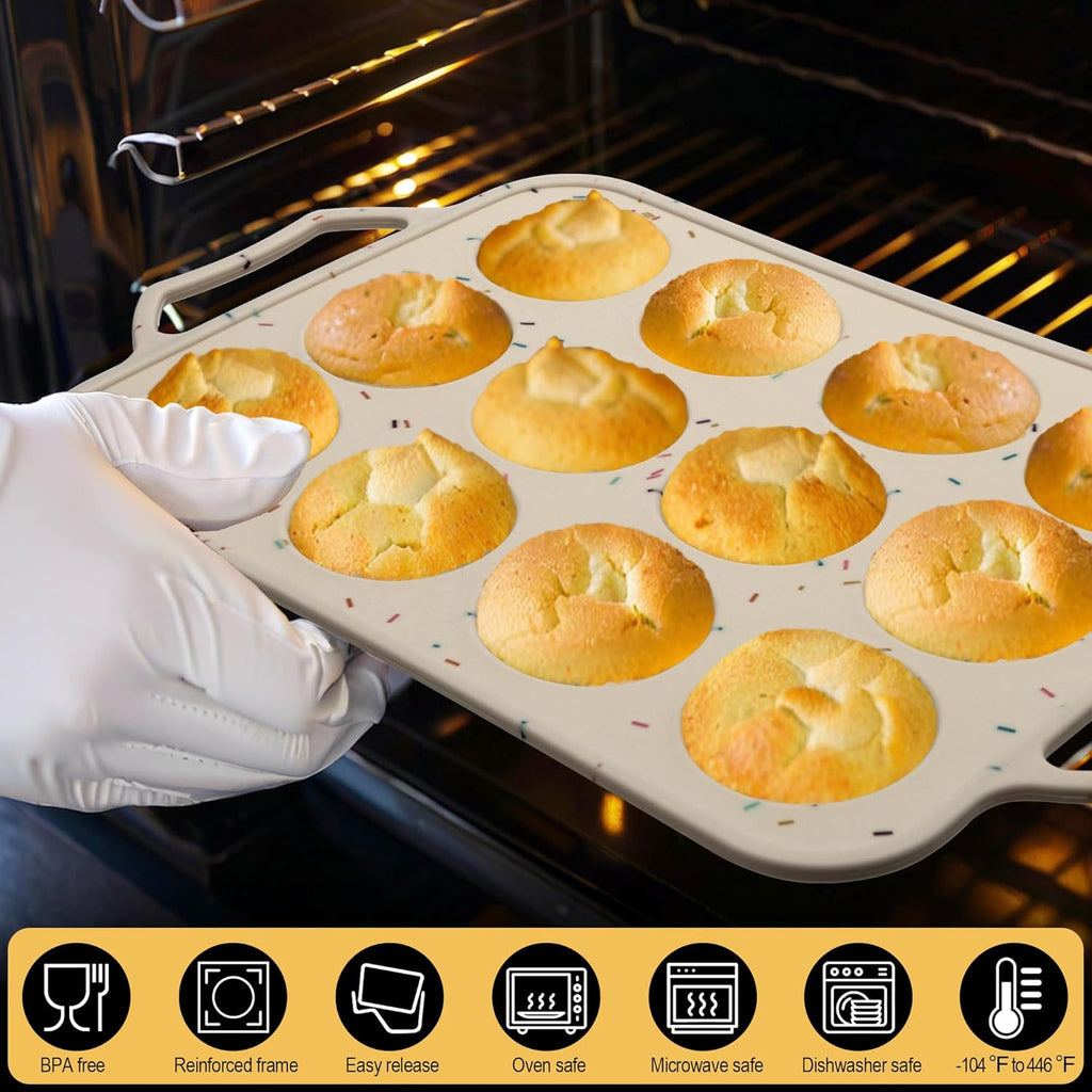 2 Pack Silicone Muffin Pans for Baking with Metal Reinforced Frame, 12 Cup Cupcake Baking Pans Nonstick for Oven, BPA Free Silicone Muffin Tin for Egg Bites Cake, Easy Pop Out & Dishwasher Safe