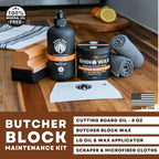 Butcher Block Maintenance Kit - Includes Cutting Board Oil, Wax (Large 8oz Size), Bench Scraper, Large Applicator, 2 Microfiber Cloths - Natural and Food Safe - Made in USA