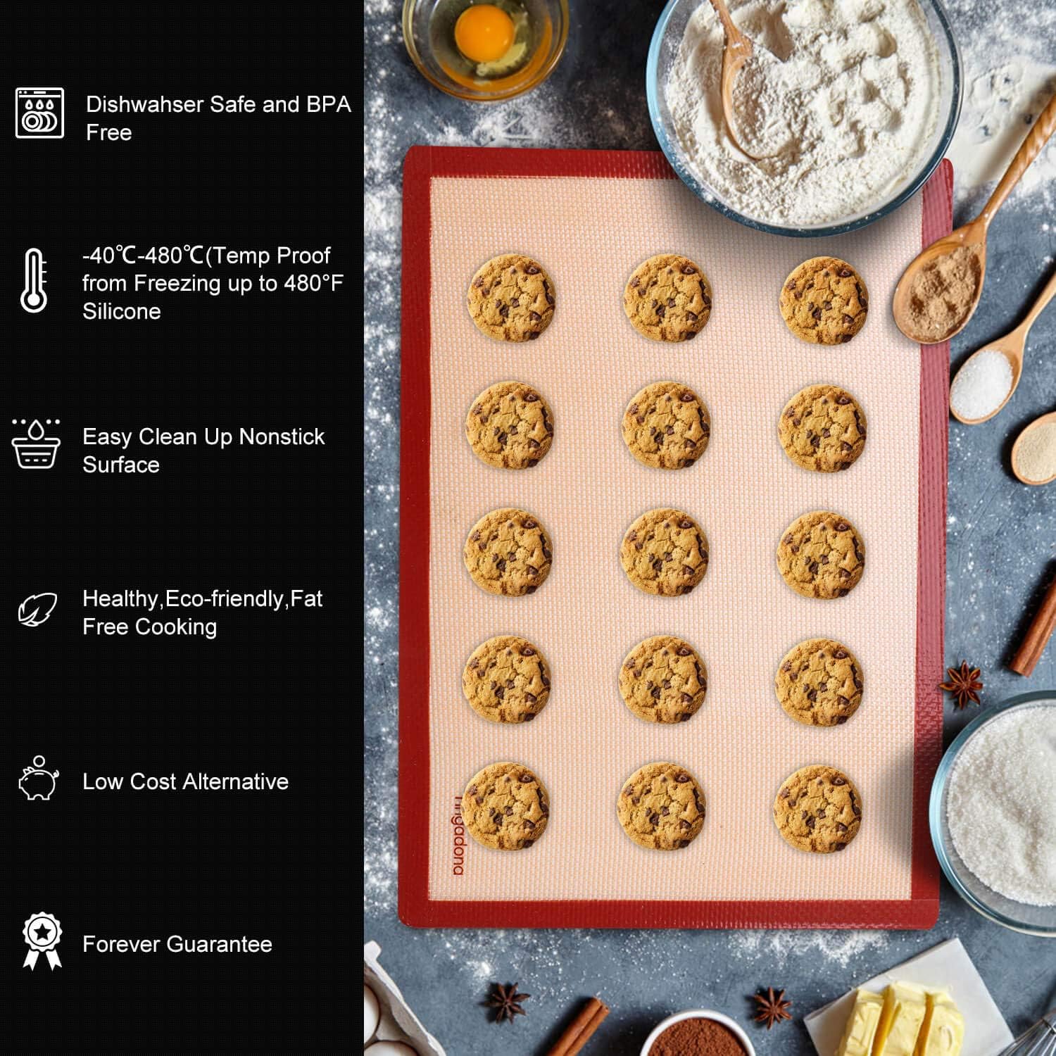 Silicone Baking Mats Set of 6, Food Grade Non-stick Reusable Baking Mat, Silicone Baking Slip Mat Oven Liner Sheet, Round & Square Cake Pan Mat, Pastry Board Rolling Dough Mats for Macaron Cookie