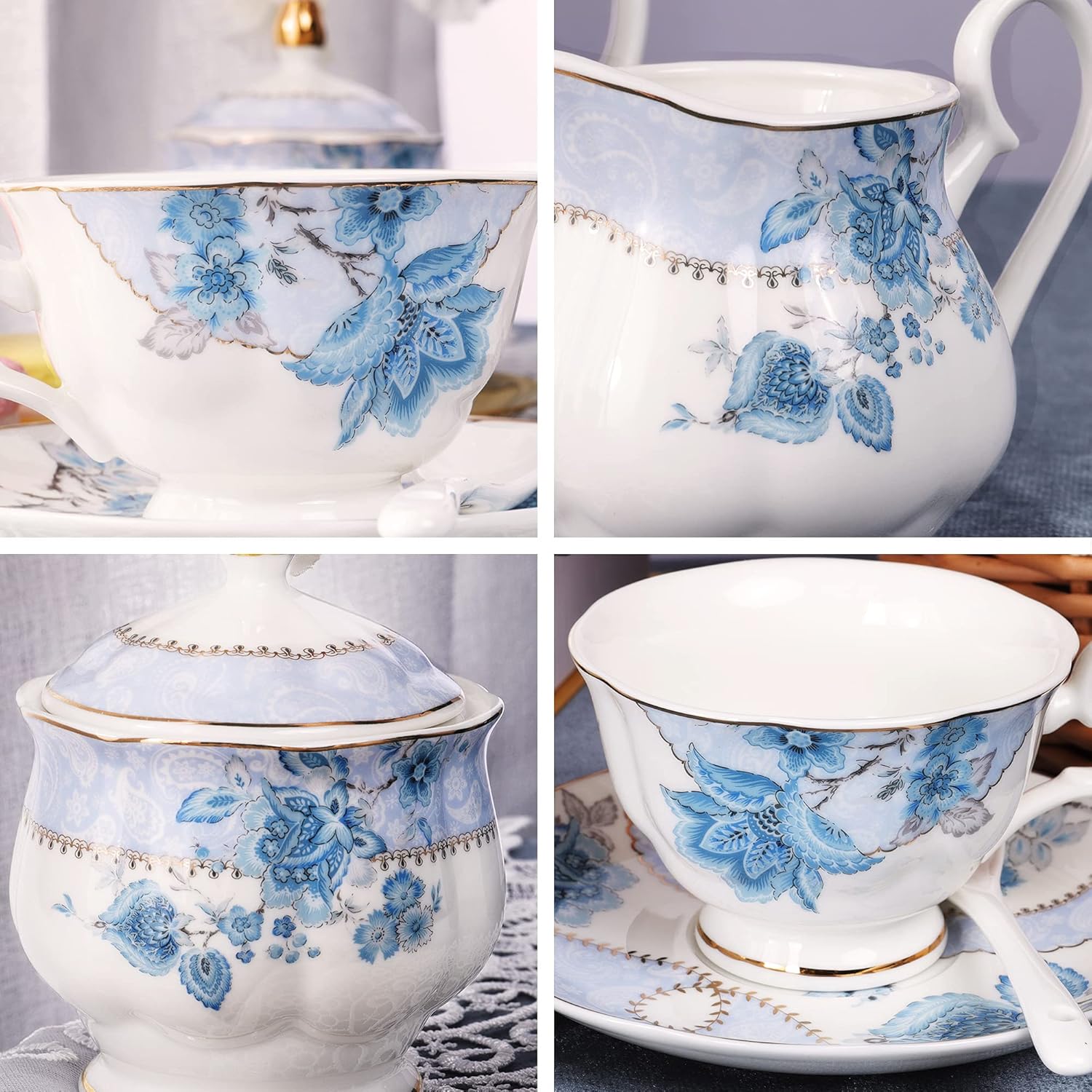fanquare Blue Flowers Porcelain Tea Set, Tea Cup and Saucer Set Service for 6, Wedding Tea Set with Sugar Bowl Cream Pitcher, Floral Coffee Set for Tea Party
