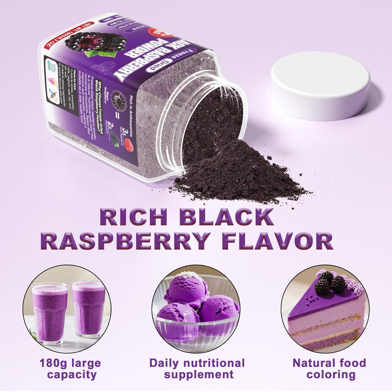 Freeze Dried Black Raspberry Powder - 180g Super Fruit Powder, 100% Black Raspberry Extract, No Additive, No Artifical Sugar Non-GMO Natural Food Coloring for Baking, Smoothies, Yogurt