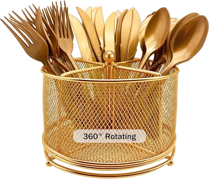 360° Rotating Metal Utensil Caddy - 4 Compartment Silverware Cutlery Holder Rotation Fork Spoon Napkin Organizer Flatware Storage Basket Party Countertop Buffet Picnic Camping Outdoor Gold