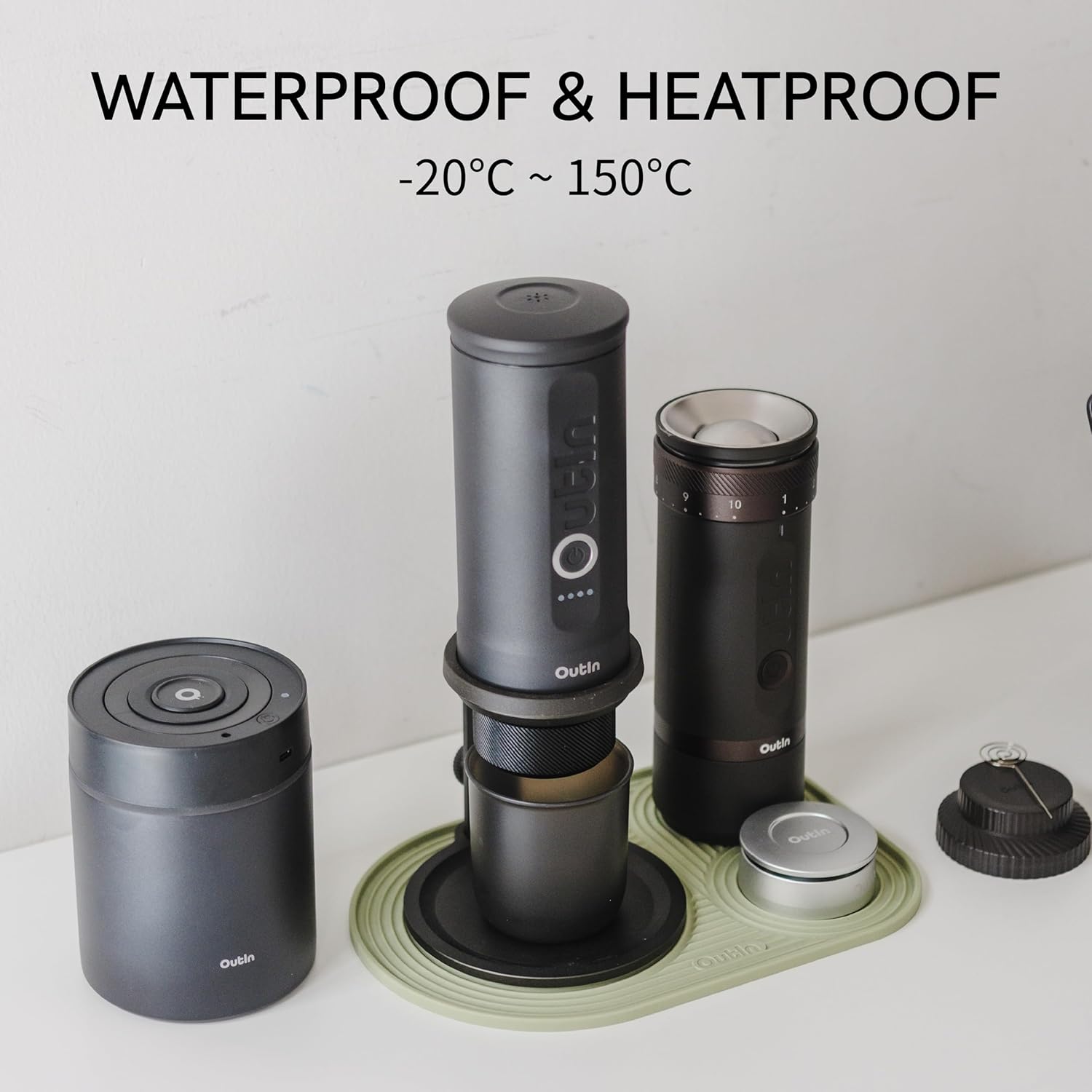 OutIn Silicone Coffee Mat, Foldable Waterproof, Drip Tray Mat For OutIn Products & Portable Coffee Makers 9.8’’ x6.7’’ (Green)