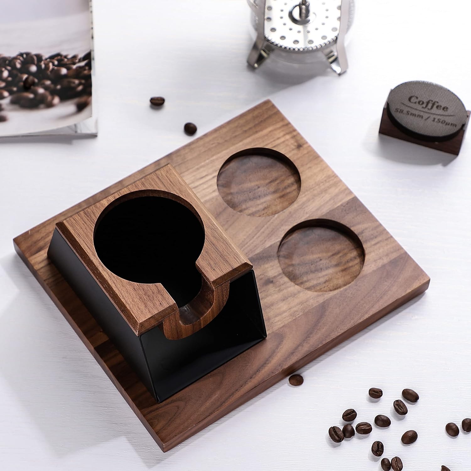 Espresso Tamper Station 58mm Wooden Espresso Tamper Holder Base Coffee Tamper Stand with 2 Coffee Puck Screen Accessories Organizer Box for 58mm Tamper and Distributor