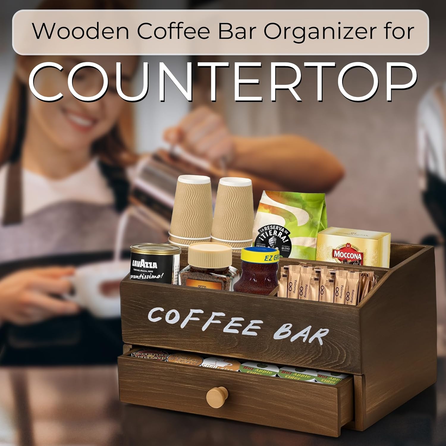 Coffee Station Organizer for Countertop with Pod Storage Drawer - Coffee Bar for Home, Kitchen, Dining Area, Office & Breakroom - Natural Wood, 3 Compartments, 2-tier, Rustic Brown