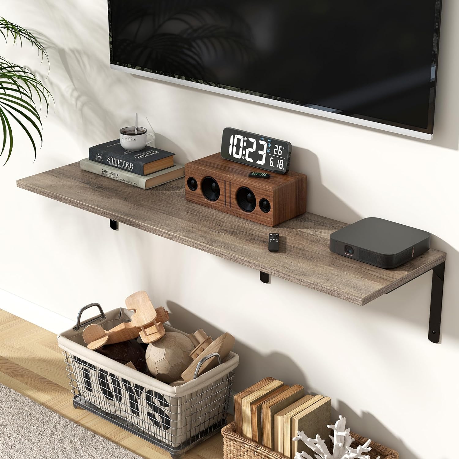 Fun Memories Floating Shelves for Wall, 12 Inch Deep Floating Shelves Set of 2, Wall Mounted Shelf with Metal Brackets, Rustic Wood Wide Shelf for Bathroom, Kitchen and Living Room, Grey, 48W x 12D