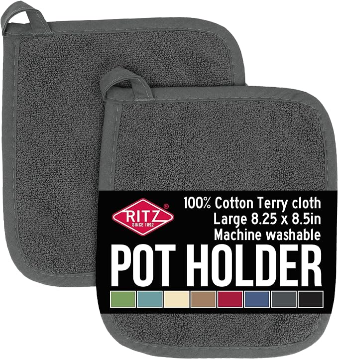 RITZ Terry Potholder & Hot Pad: Unparalleled Heat Resistant, Durable 100% Cotton – Ergonomically Designed for Optimal Grip – Easy-Care Machine Washable – 2-Pack, Graphite