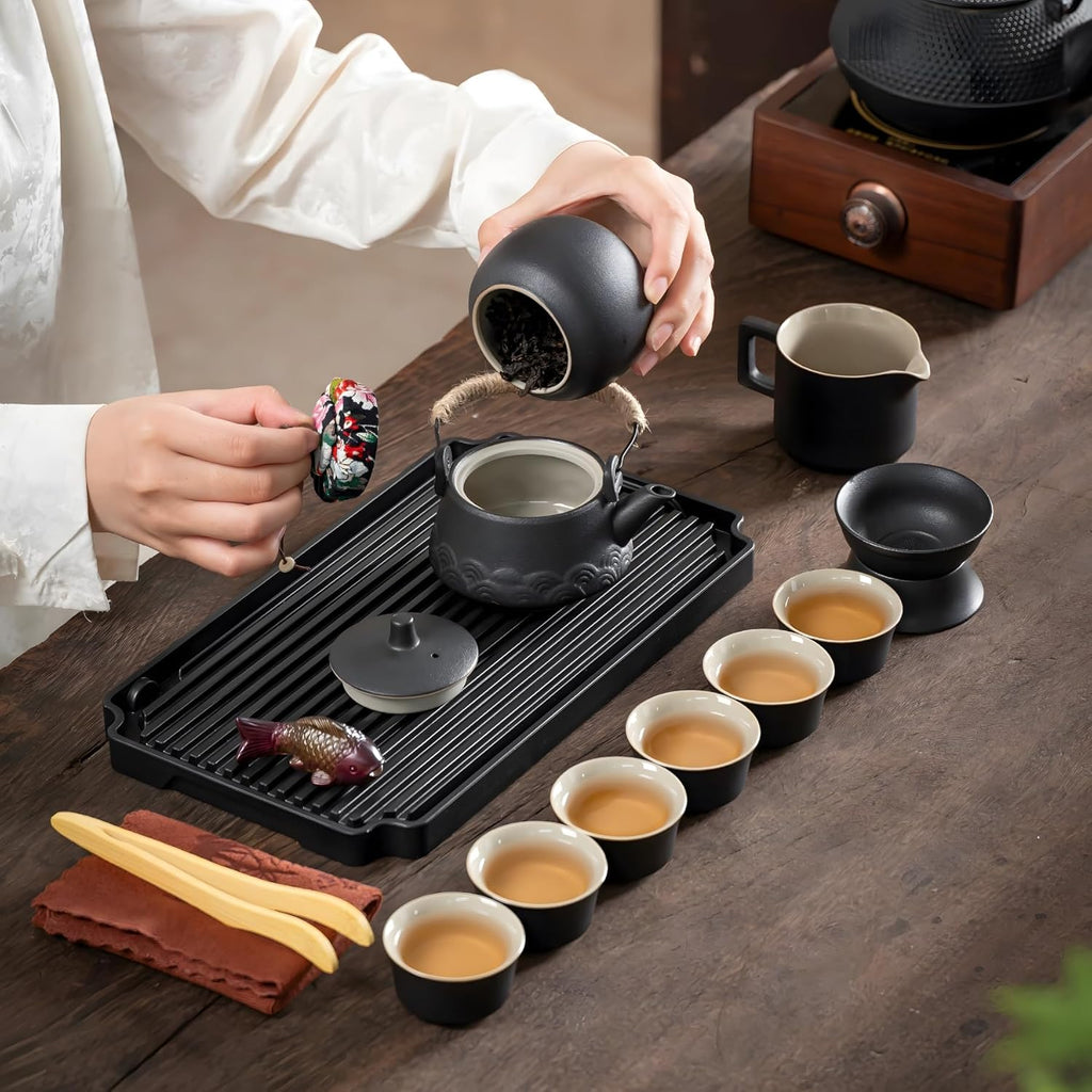 ICHAG Japanese Tea Set, Chinese Tea Sets for Adults, 15-Piece Porcelain Gongfu Tea Set with Tea Pet & Tea Tray, Japanese Teapot Set, Travel Tea Party Set, for Home/Office/Outdoor/Gifts