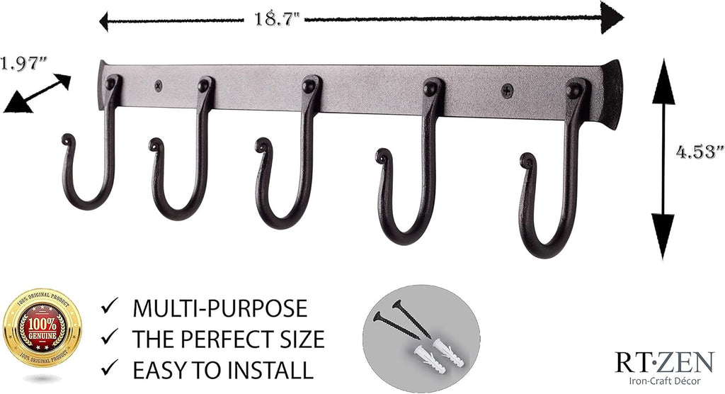 RTZEN Wall Mount Hook Set - Wrought Iron Decorative Rustic Metal Coat Hooks for Hanging - Handcrafted Classic Farmhouse Wall Mounted Black Hooks for Towel Robe or Hat Hanging - 5 Hook Rack