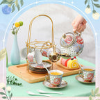 Zhehao 20 Pcs Porcelain Tea Set with Metal Holder and Spoon Adult Ceramic Tea Party Set European Flower Painting Teapot Cup Saucer Spoon Set for Women, Large Version(Romantic Style)