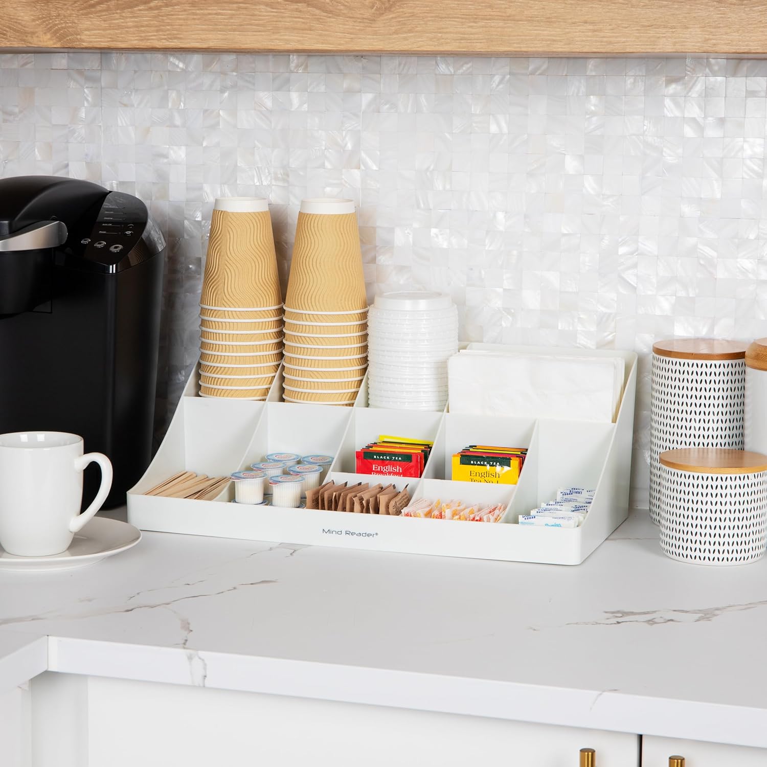 Mind Reader Cup and Condiment Station, Countertop Organizer, Coffee Bar, Kitchen, Stirrers, 17.875"L x 9.5"W x 6.625"H, White