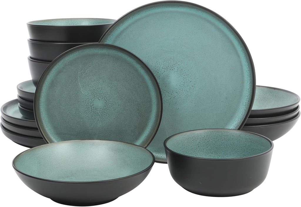 Gibson Elite Tribeca Loft 16-Piece Dinnerware Set – Matte Black and Green Reactive Glaze Stoneware, Double Bowl Round Plates and Bowls – Modern Rustic Tableware for 4, Dishwasher & Microwave Safe