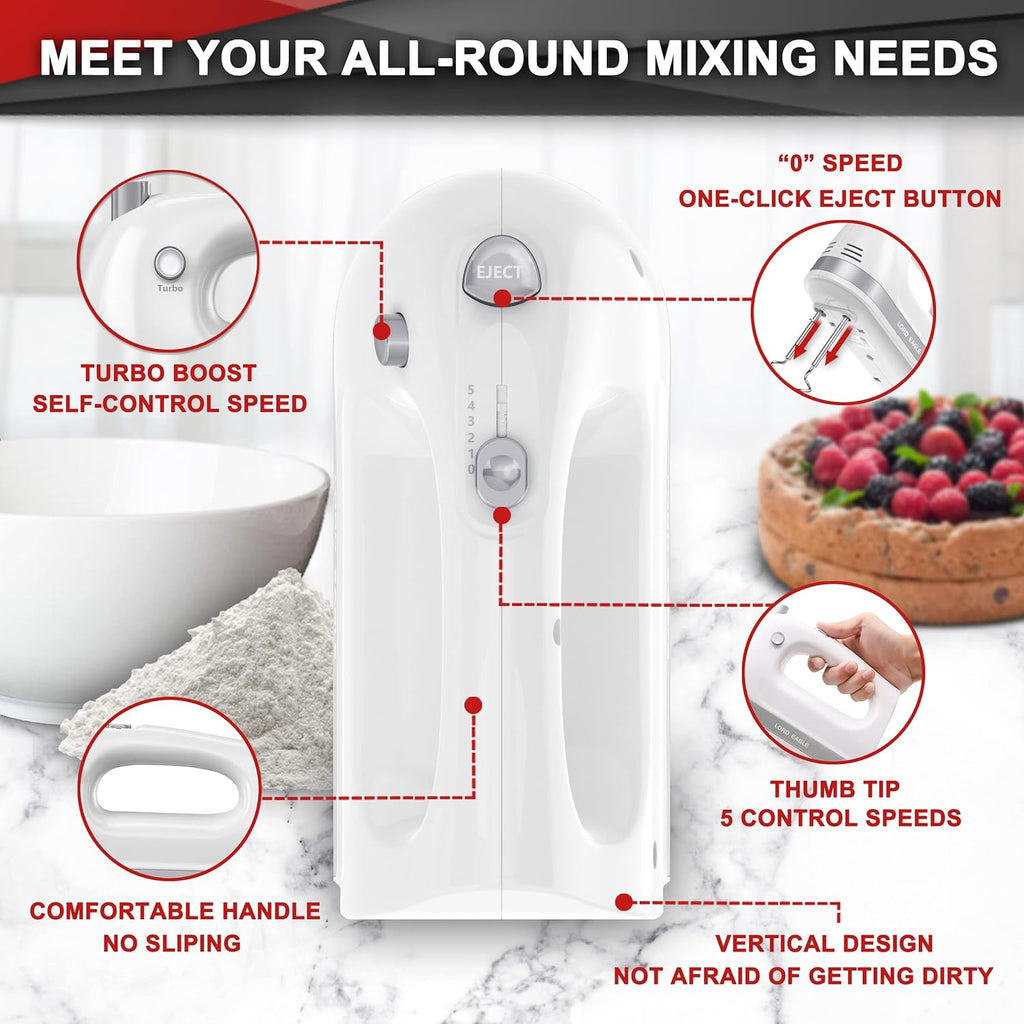 Lord Eagle Hand Mixer Electric 400W, 5 Speed handheld Mixer, 5 Stainless Steel Accessories for Baking Cake Egg Cream Food Beater, Turbo Boost/Self-Control Speed + Eject Button