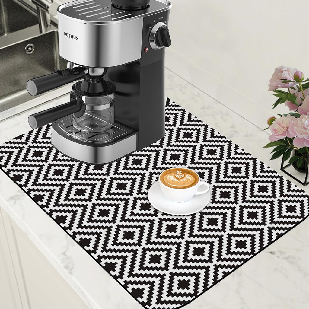 Dish Drying Mat Black and White Geometric Coffee Bar Mat for Countertop Absorbent Rubber Backed Hide Stain Dish Drainer Rack Pad Coffee Pot Espresso Machine Dining Room Decor 15.7 x 23.6 Inch
