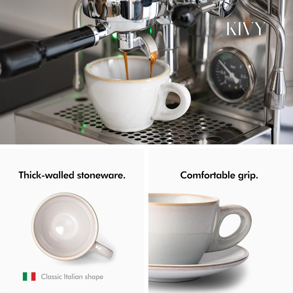 KIVY Cappuccino cups set [4x 8oz] - Thick-walled stoneware cappuccino cup set for latte art - Cappuccino coffee cups - Tazas de cafe - Latte cups - Ceramic latte art cup and saucer set of 4 - Grey