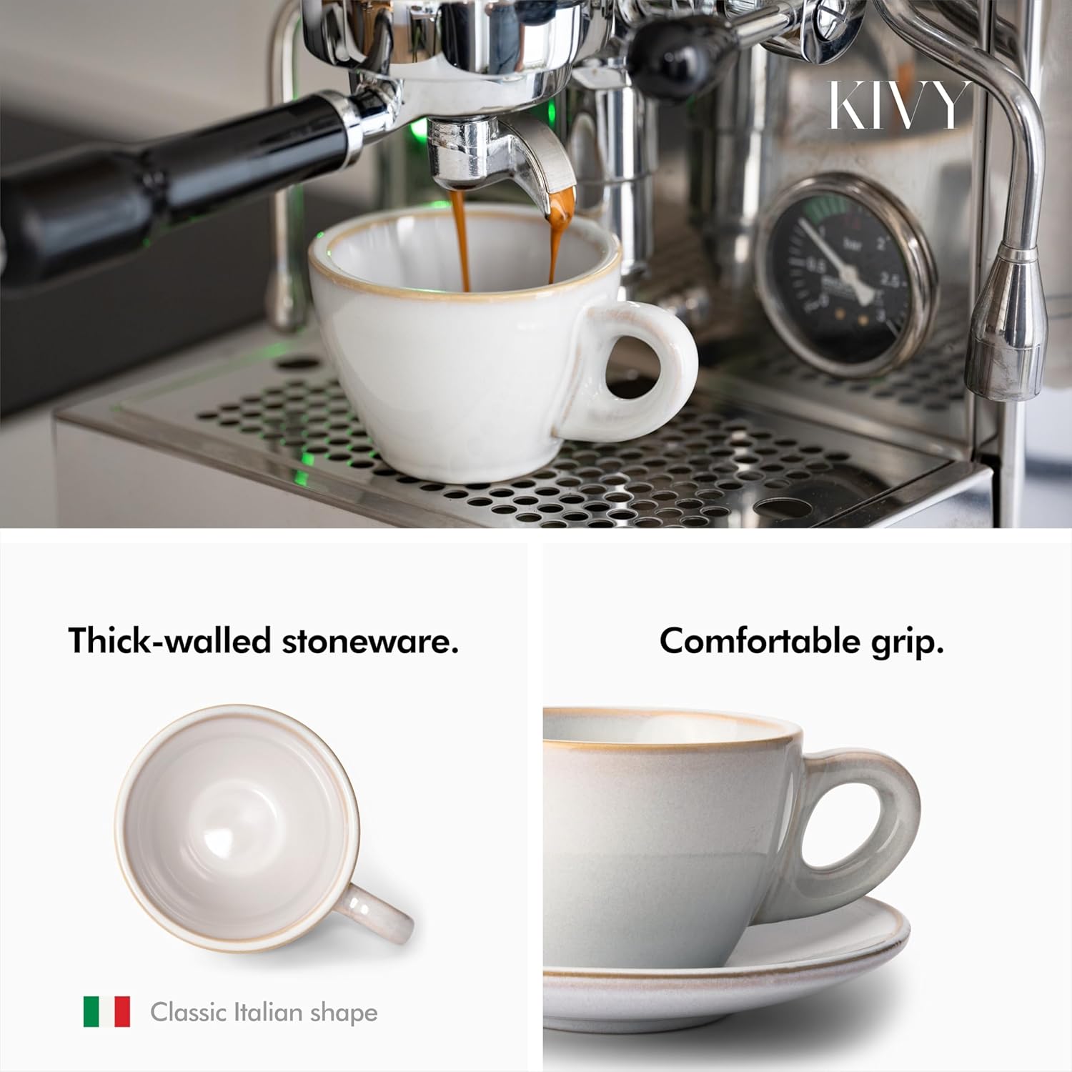 KIVY Cappuccino cups set [4x 8oz] - Thick-walled stoneware cappuccino cup set for latte art - Cappuccino coffee cups - Tazas de cafe - Latte cups - Ceramic latte art cup and saucer set of 4 - Grey