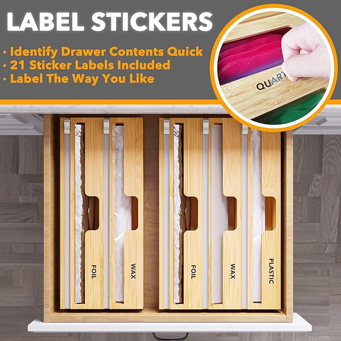 SpaceAid WrapNeat 2 in 1 Wrap Organizer with Cutter and Labels, Plastic Wrap, Aluminum Foil and Wax Bamboo Dispenser for Kitchen Storage Organization Holder for 12" Roll (Natural, 2-Slot)