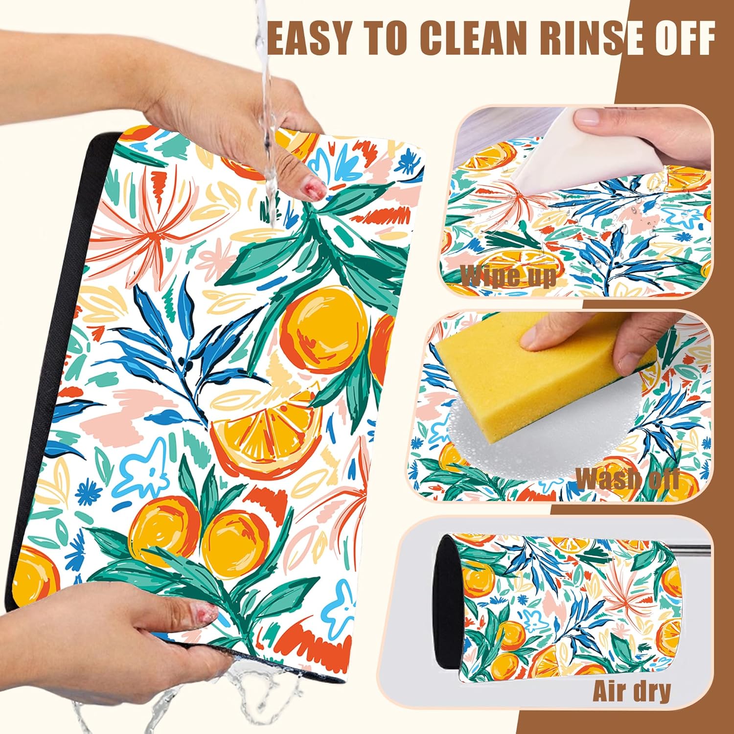 Dish Drying Mat Fruit Orange and Leaves Coffee Bar Mat for Countertop Absorbent Coffee Mat Rubber Backed Hide Stain Dish Drainer Rack Mat Coffee Maker Coffee Pot Dining Room Decor 15.7 x 23.6 Inch