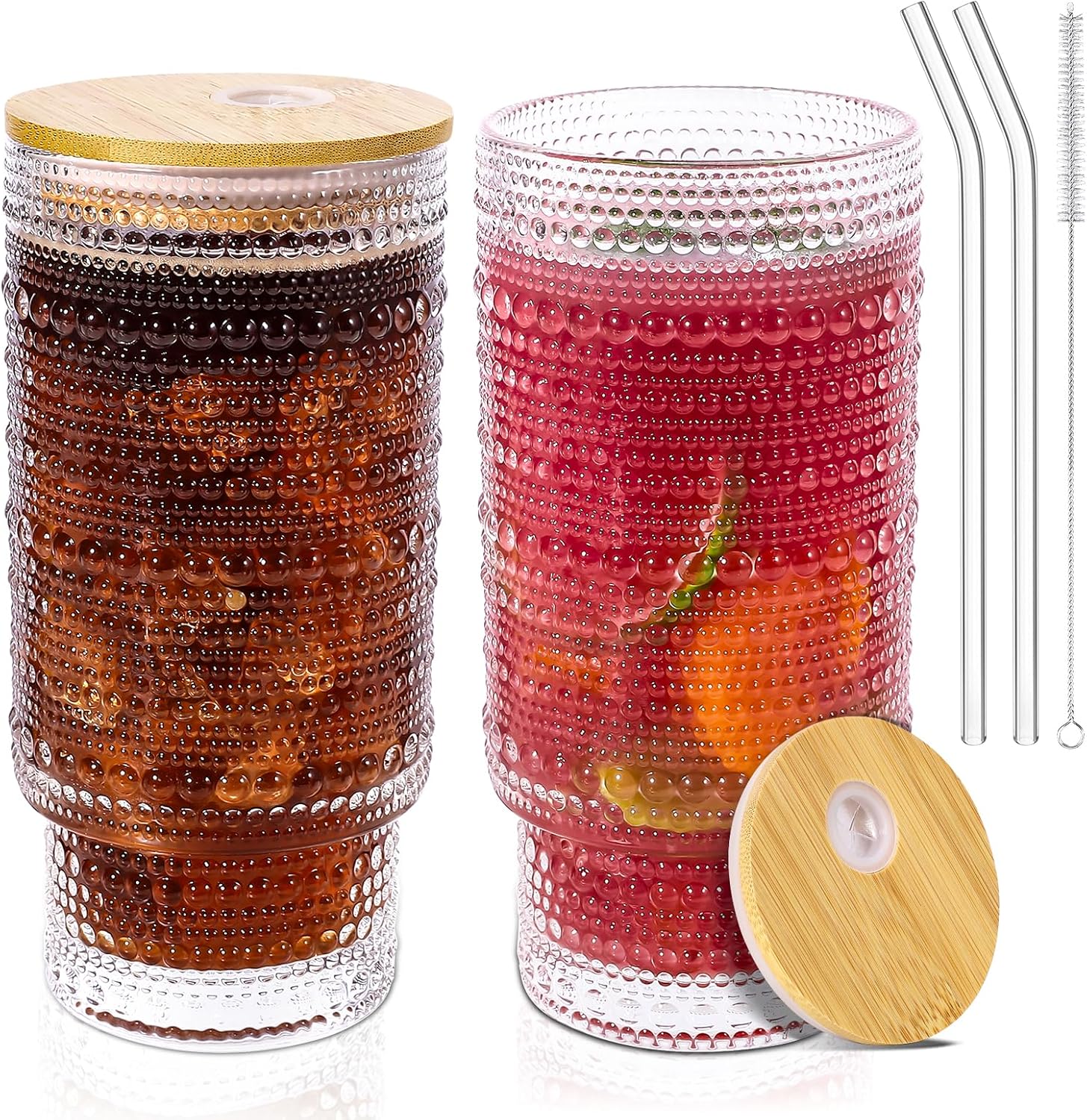 16 Oz Glass Cups with Lids and Straws, Vintage Embossed Glassware for Whiskey Cocktail Beer, Iced Coffee Cup with Lid, Glass Tumbler (2 PACK)
