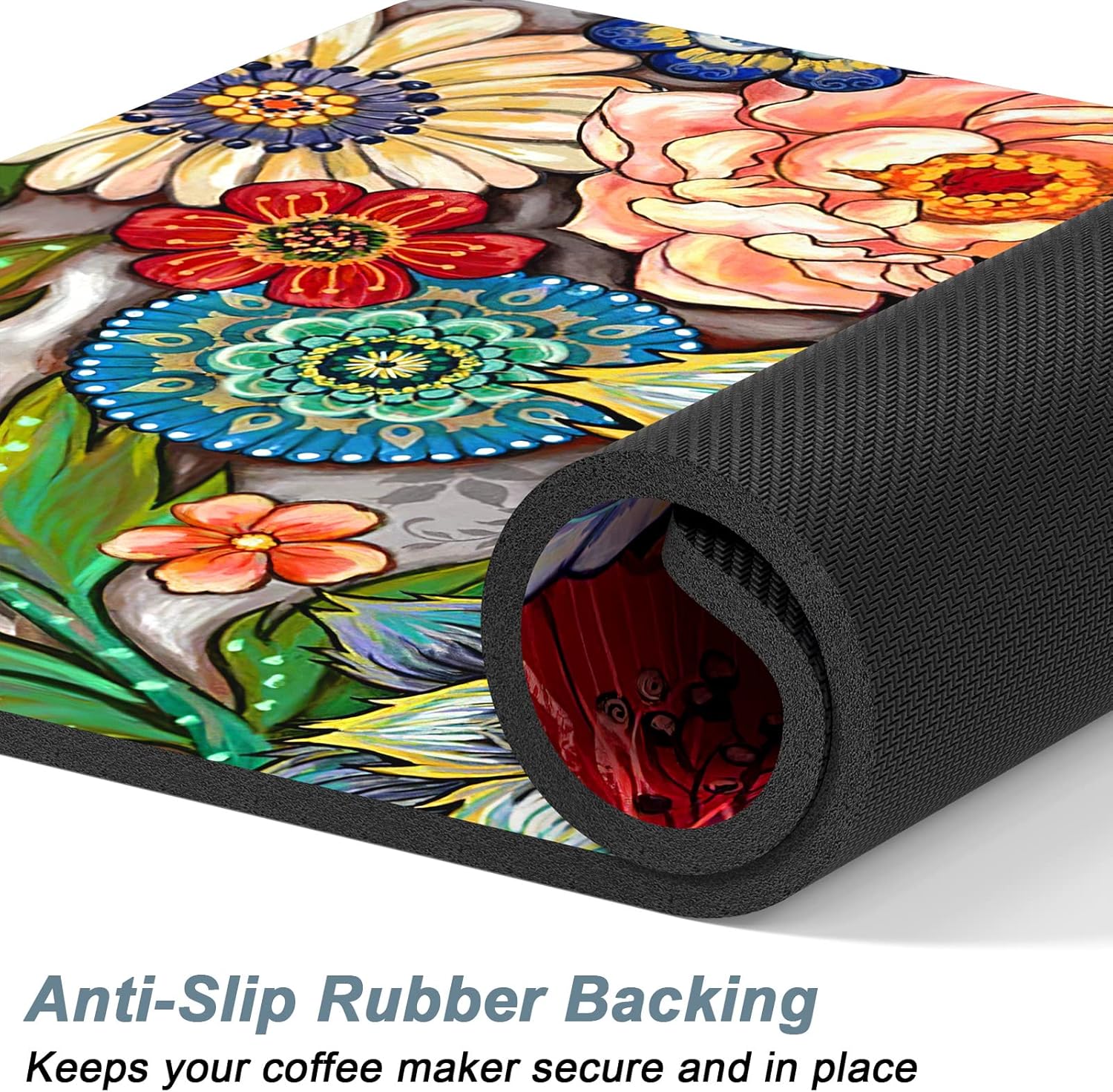 Rnivvi Coffee Mat, 12" x 19" Cute Flower Theme Coffee Bar Mats for Espresso Machine Station Accessories and Organizer, Hide Stain Rubber Backed Absorbent Dish Drying Pad for Kitchen Counter, Mandala