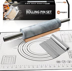 Professional Marble Rolling Pin for Dough - Solid Precise Pizza Dough Roller Marble Rolling Pin for Baking including Silicone Baking Mat, Steel Dough Scraper, Wooden Cradle - Gift for Bakers