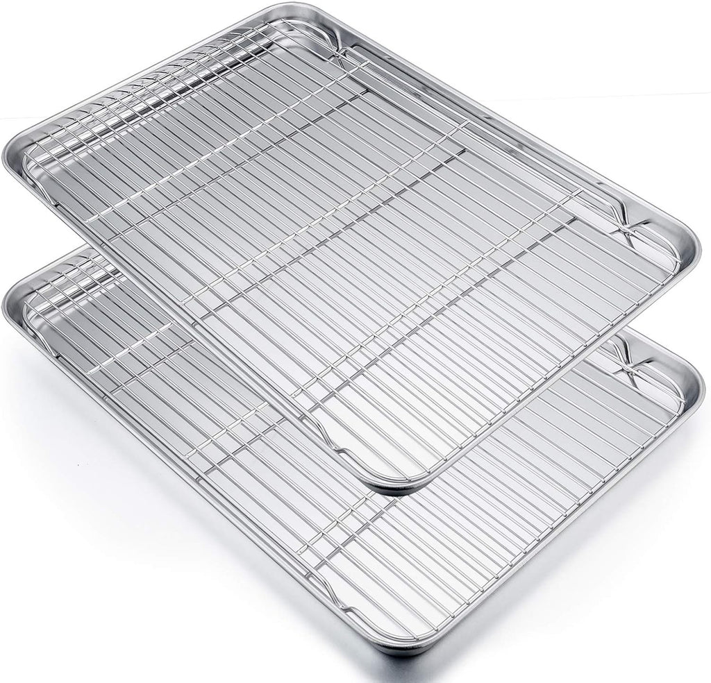 P&P CHEF 19.6 Inch Stainless Steel Baking Sheet with Rack Set (2 Pans+ 2 Racks), Cookie Sheets Baking Trays and Cooling Wire Racks, Oven & Dishwasher Safe, Pans with Flat Racks