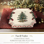 Spode Christmas Tree Ribbons Square Platter with Bow Handles - 11-Inch Holiday Serving Plate for Desserts, Appetizers, & Treats - Festive Christmas Dinnerware with Gold Accents - Dishwasher Safe