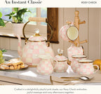 MACKENZIE-CHILDS Enamel Tea Kettle, Stylish Tea Kettle for Stovetop, Pink-and-White Rosy Check, 3 Quarts