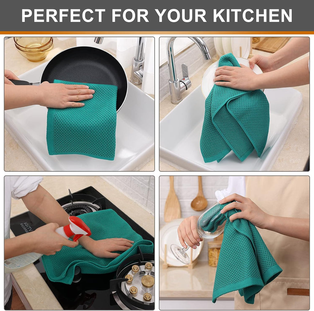 Kitinjoy 100% Cotton Waffle Weave Kitchen Towels, 4-Pack Super Soft and Absorbent Dish Towels for Drying Dishes, Kitchen Hand Towels, 13 in x 28 in, Teal
