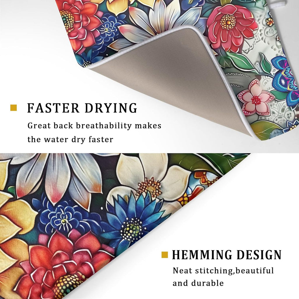 Boho Floral Dish Drying Mat for Kitchen Counter 16x18 Inch Boho Blooming Flower Dishes Pad Super Absorbent Drying Mat Heat Resistant Dish Drying Pad Anti-Slip Dish Mat Fast Dry Kitchen Bar Accessories