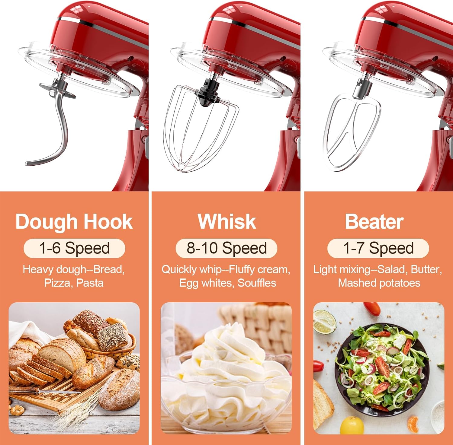 3-IN-1 Electric Stand Mixer, 6.5QT Bowl 660W 10-Speed Kitchen Mixer, Household Food Mixers include Dough Hook, Beater and Whisk, Bread Cake Mixer for Baking and Most Home Cooks, Red