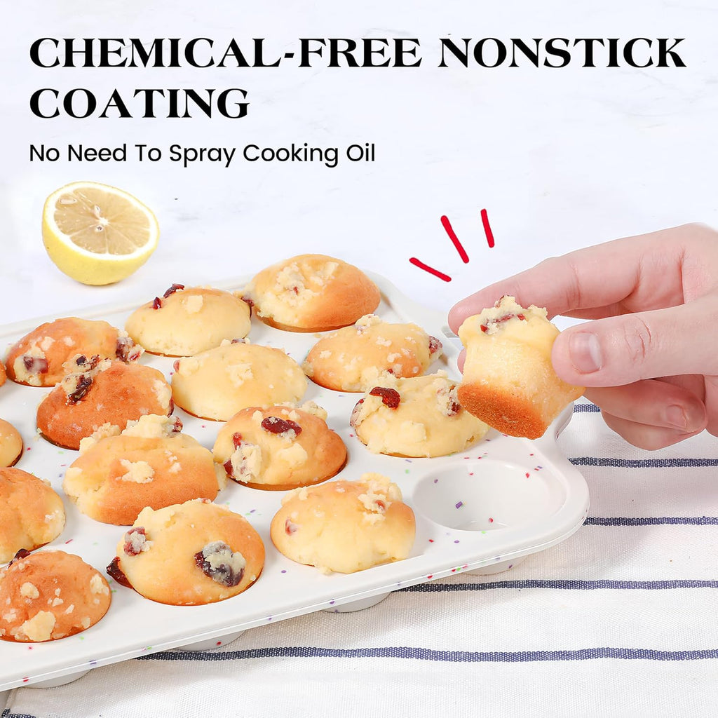 2 Pcs Silicone Mini Muffin Pan With Metal Frame, 24 Cups Nonstick Cupcake Tray for Baking, Small Muffin Molds with Handles (Cream)