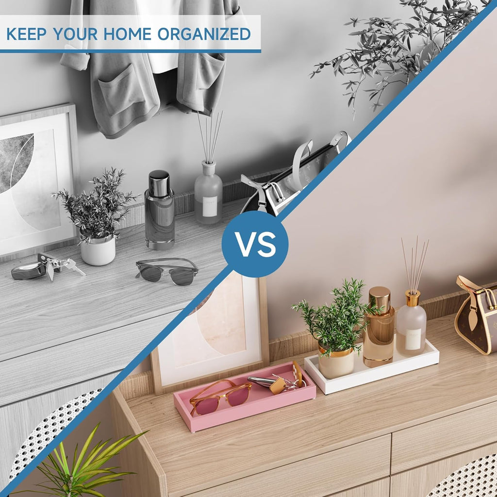 Bathroom Perfume Tray for Candle Trinket, Decor Vanity Trays for Countertop Nightstand Toilet Tank Counter Dresser Bedroom, Decorative Wooden Rectangle Holder for Skincare Cosmetic Accessory, Pink